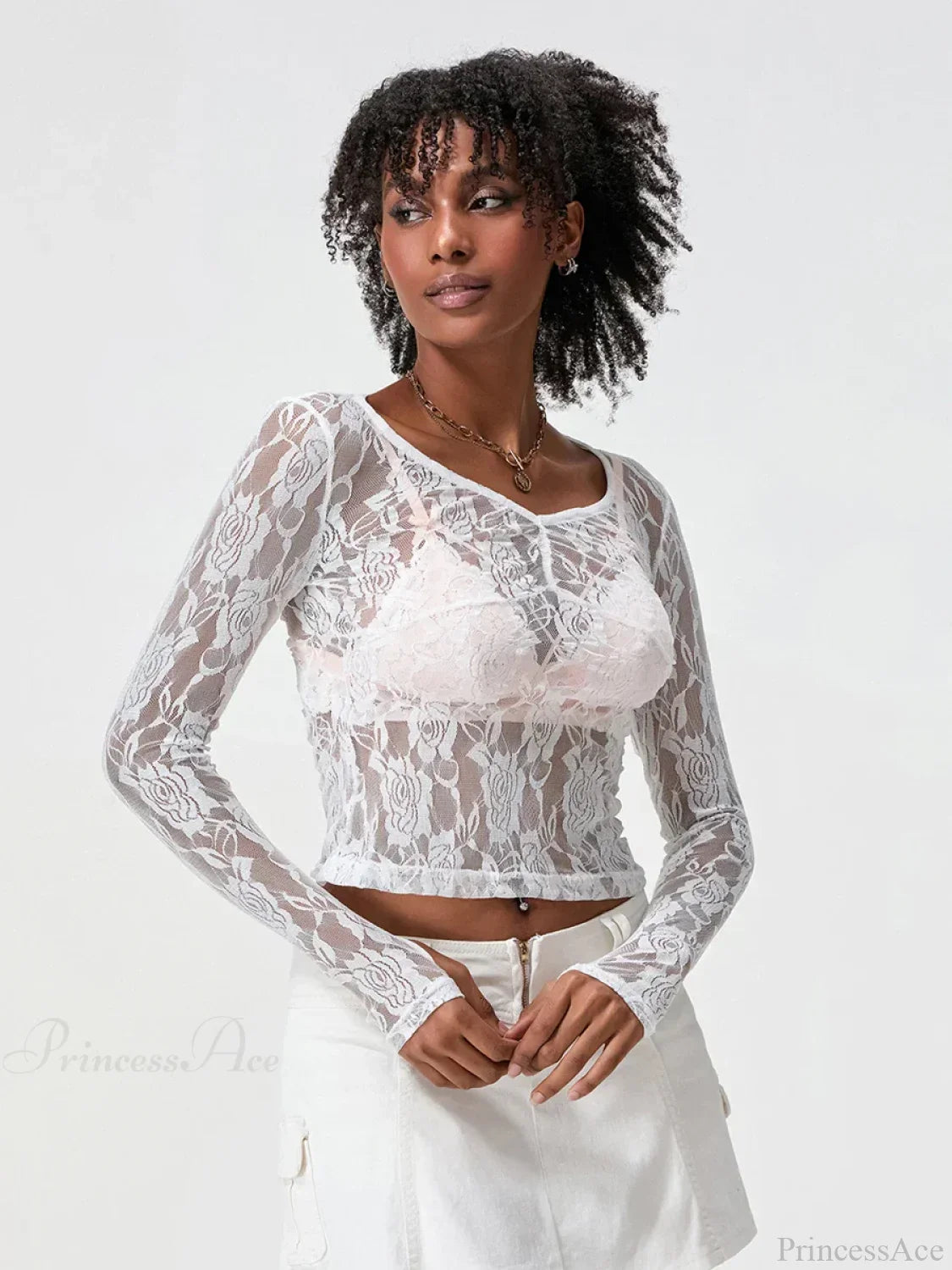 Sheer Lace Long Sleeve V-neck Mesh Crop T-shirt image 4