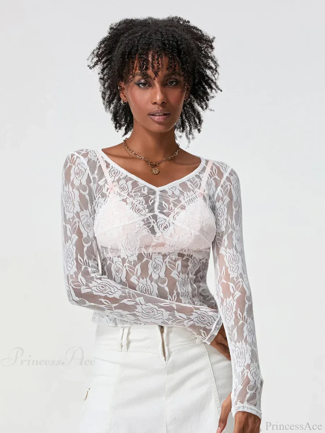 Sheer Lace Long Sleeve V-neck Mesh Crop T-shirt image 6