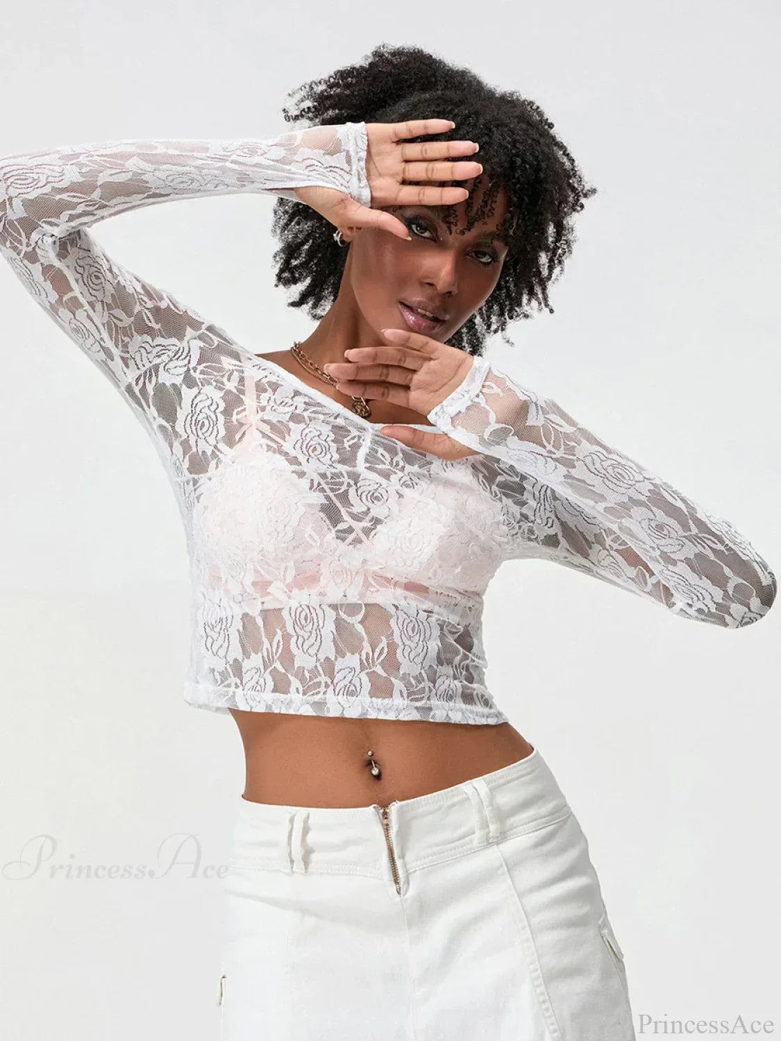 Sheer Lace Long Sleeve V-neck Mesh Crop T-shirt image 3
