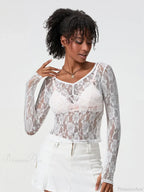 Sheer Lace Long Sleeve V-neck Mesh Crop T-shirt image 1