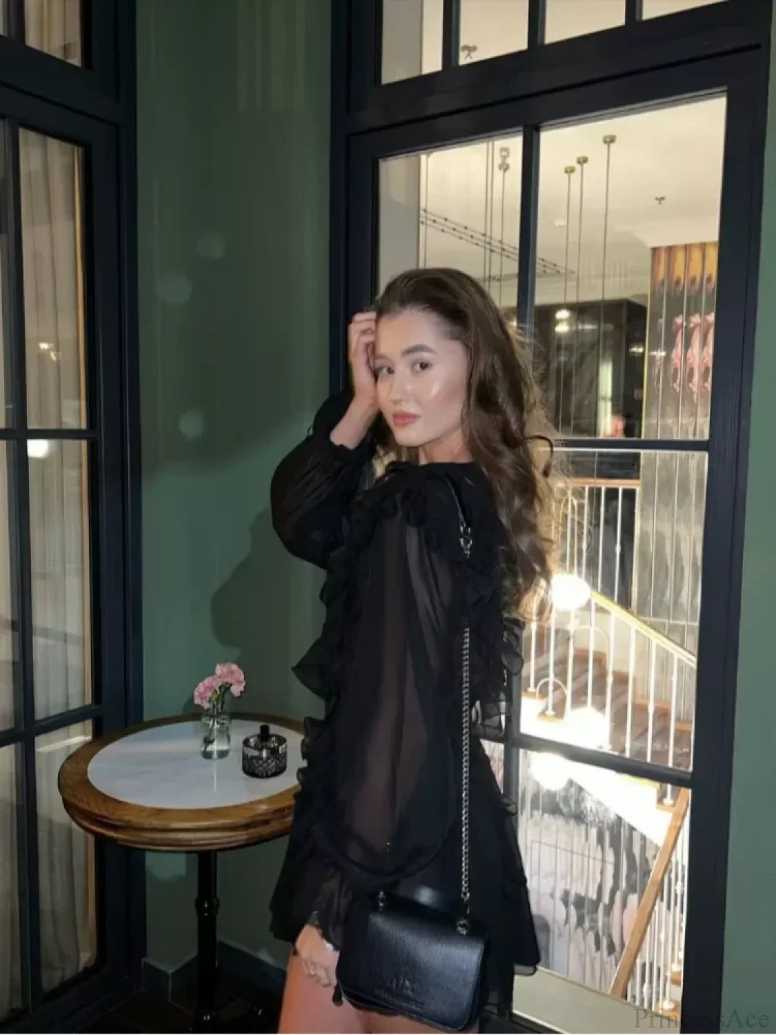 Sheer Lace Mesh Deep V Neck Blouse image 3
