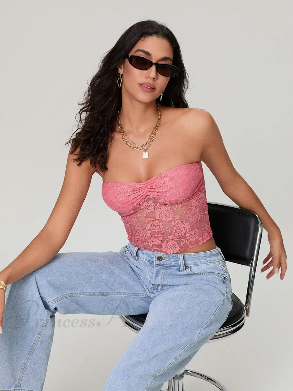 Sheer Lace Off-shoulder Strapless Low Cut Bandeau Top image 6