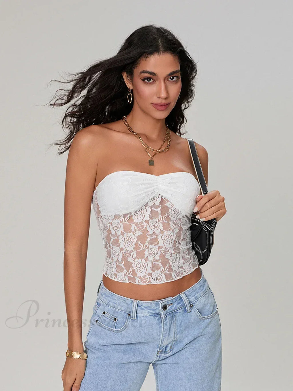 Sheer Lace Off-shoulder Strapless Low Cut Bandeau Top image 12