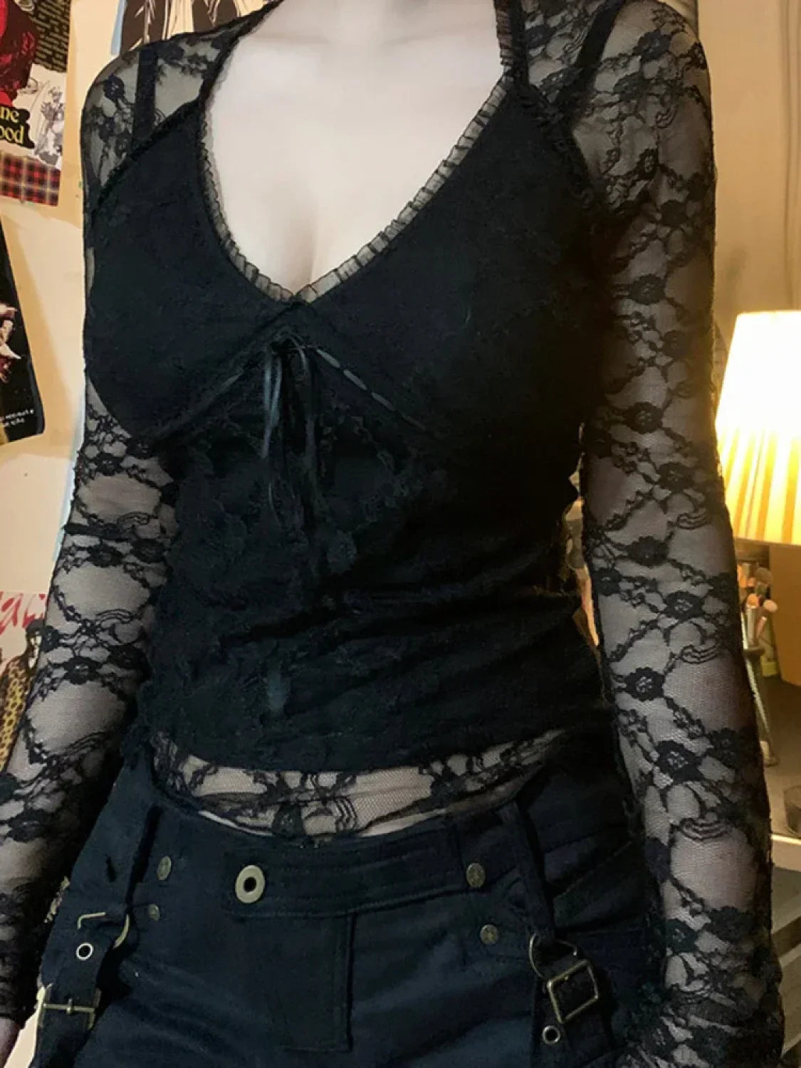 Sheer Lace V-neck Knit Top image 3