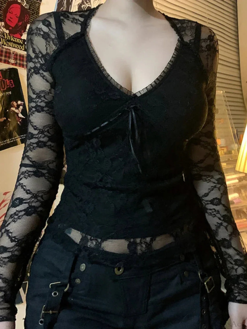 Sheer Lace V-neck Knit Top image 5