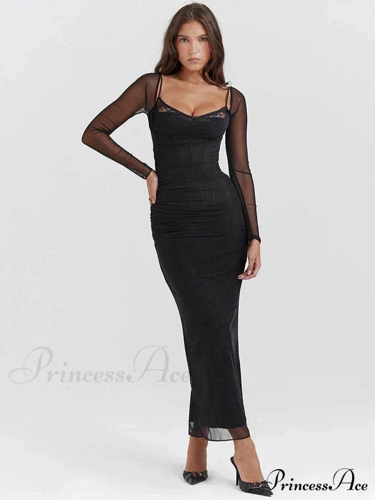 Sheer Long Sleeve Charming Bodycon Maxi Dress image 3