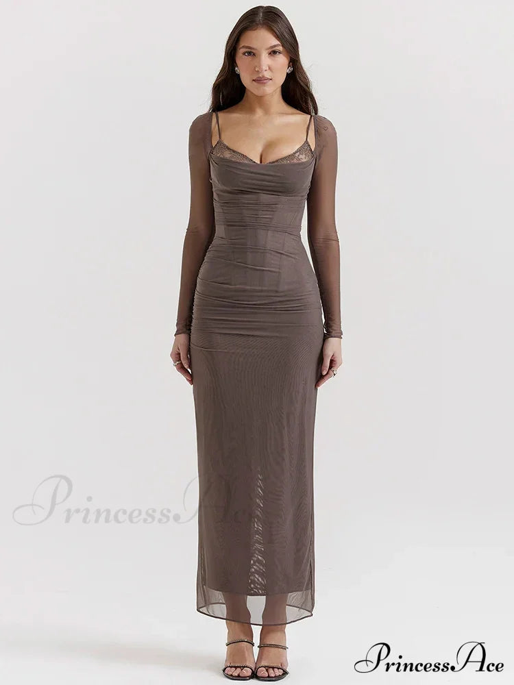 Sheer Long Sleeve Charming Bodycon Maxi Dress image 2