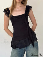 Sheer Mesh Sleeveless Backless 3D Stylish Elegant Trendy Chic Ruffle Crop Top image 3
