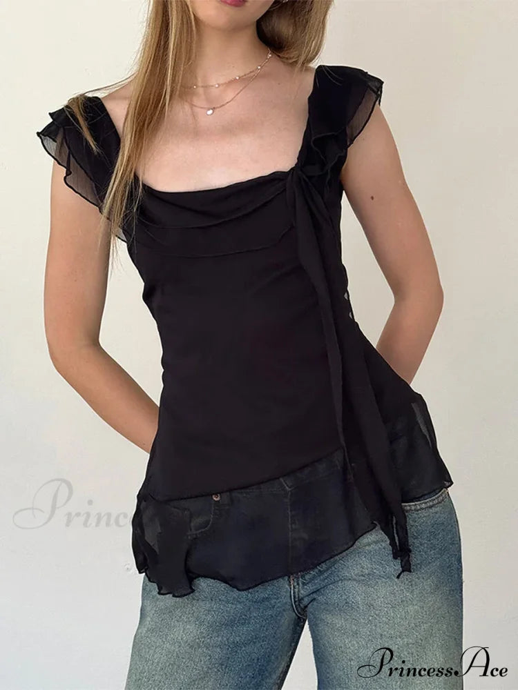 Sheer Mesh Sleeveless Backless 3D Stylish Elegant Trendy Chic Ruffle Crop Top image 3