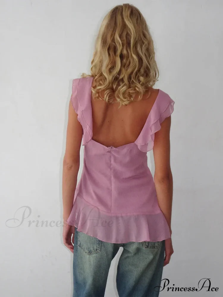 Sheer Mesh Sleeveless Backless 3D Stylish Elegant Trendy Chic Ruffle Crop Top image 4