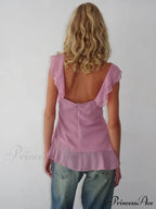 Sheer Mesh Sleeveless Backless 3D Stylish Elegant Trendy Chic Ruffle Crop Top image 4