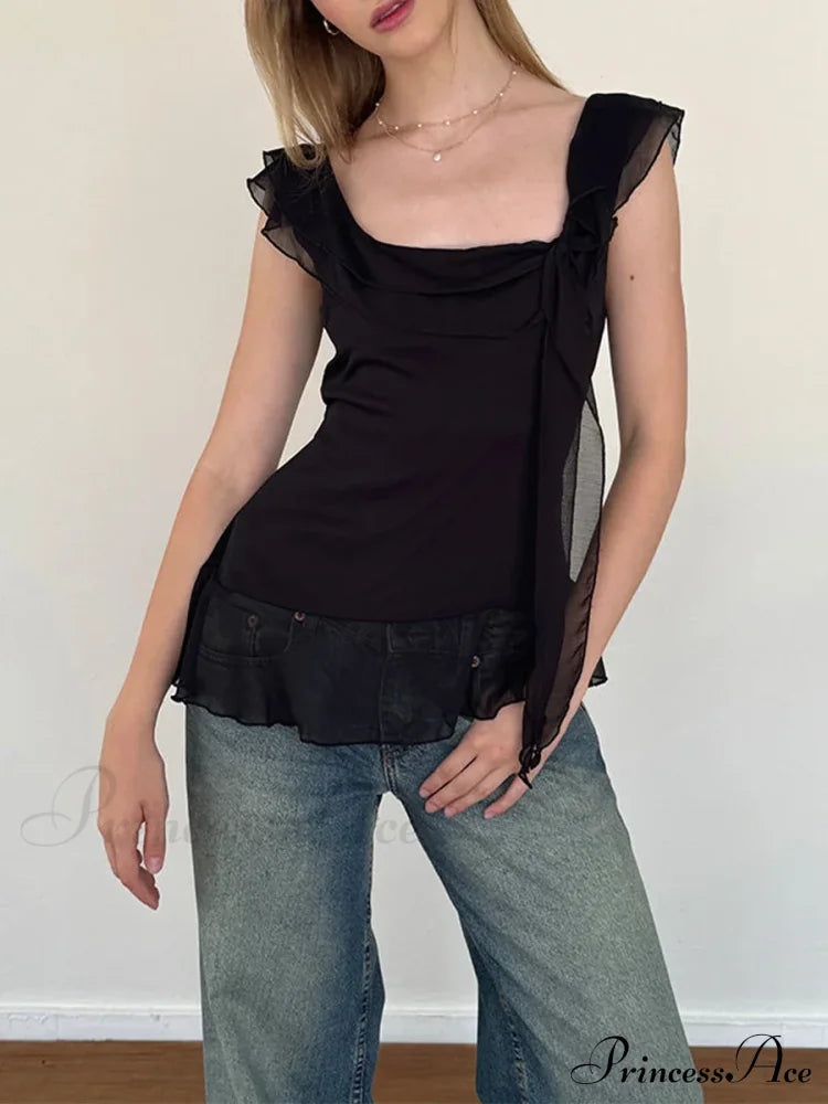 Sheer Mesh Sleeveless Backless 3D Stylish Elegant Trendy Chic Ruffle Crop Top image 1