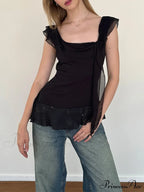 Sheer Mesh Sleeveless Backless 3D Stylish Elegant Trendy Chic Ruffle Crop Top image 1