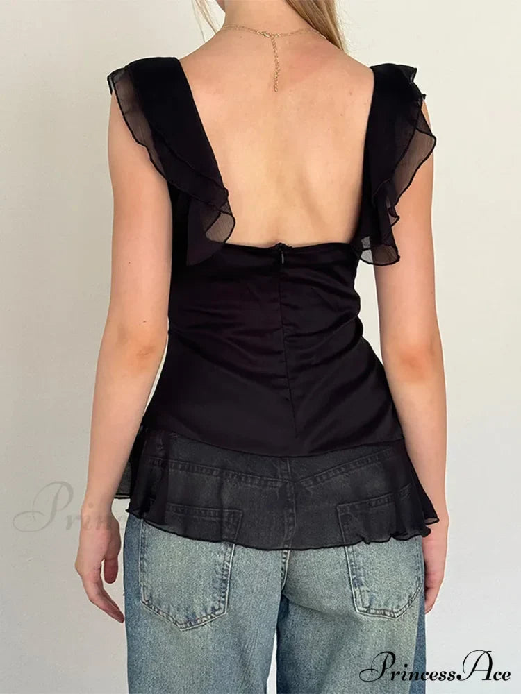 Sheer Mesh Sleeveless Backless 3D Stylish Elegant Trendy Chic Ruffle Crop Top image 5