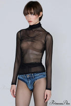 Sheer Solid Turtleneck Long Sleeve Tee image 2