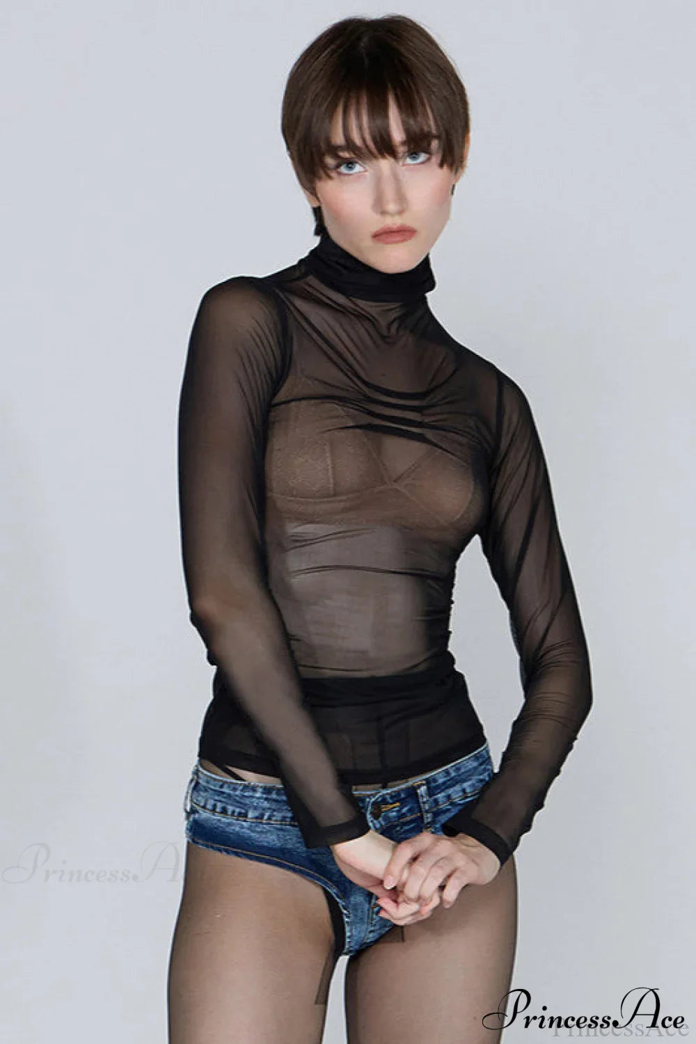 Sheer Solid Turtleneck Long Sleeve Tee image 3