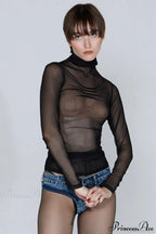 Sheer Solid Turtleneck Long Sleeve Tee image 3