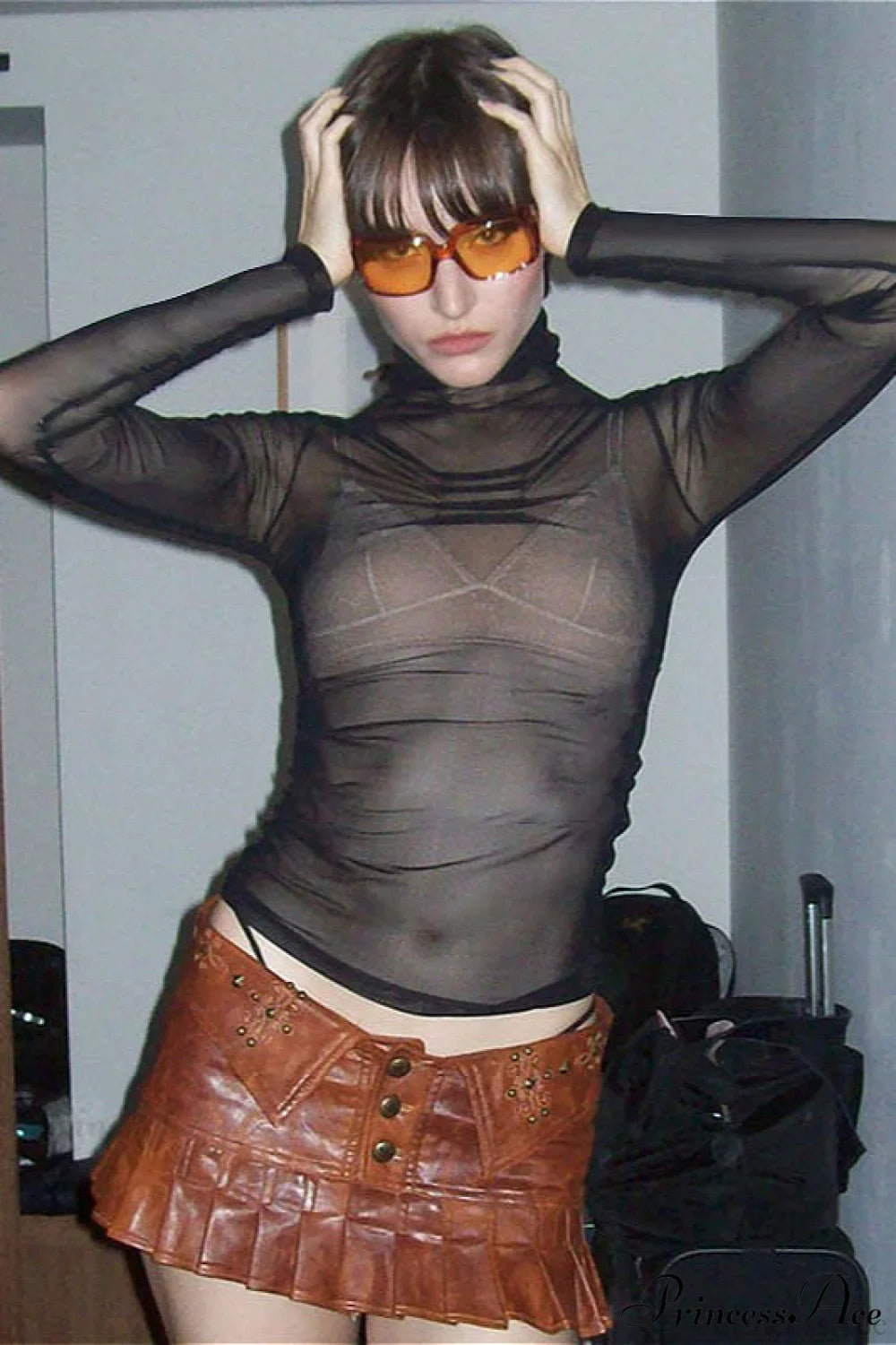 Sheer Solid Turtleneck Long Sleeve Tee image 1