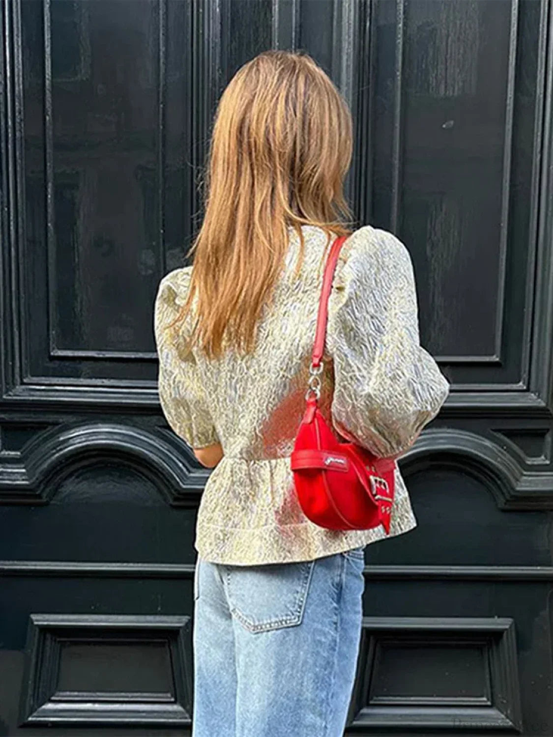 Shimmer Lace-Up Bow Puffy Sleeve Short Blouse image 5