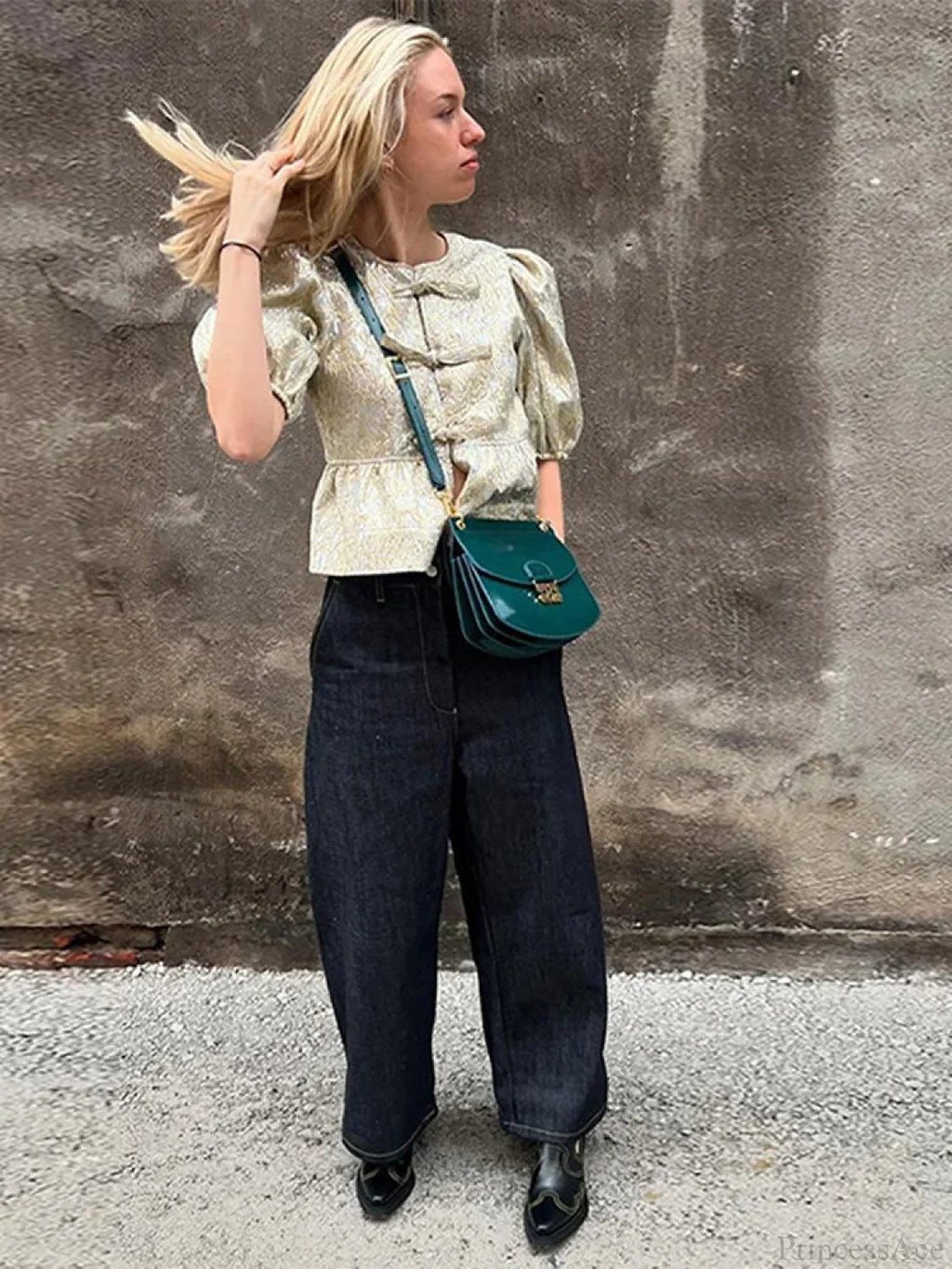 Shimmer Lace-Up Bow Puffy Sleeve Short Blouse image 6