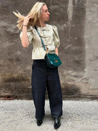 Shimmer Lace-Up Bow Puffy Sleeve Short Blouse image 6