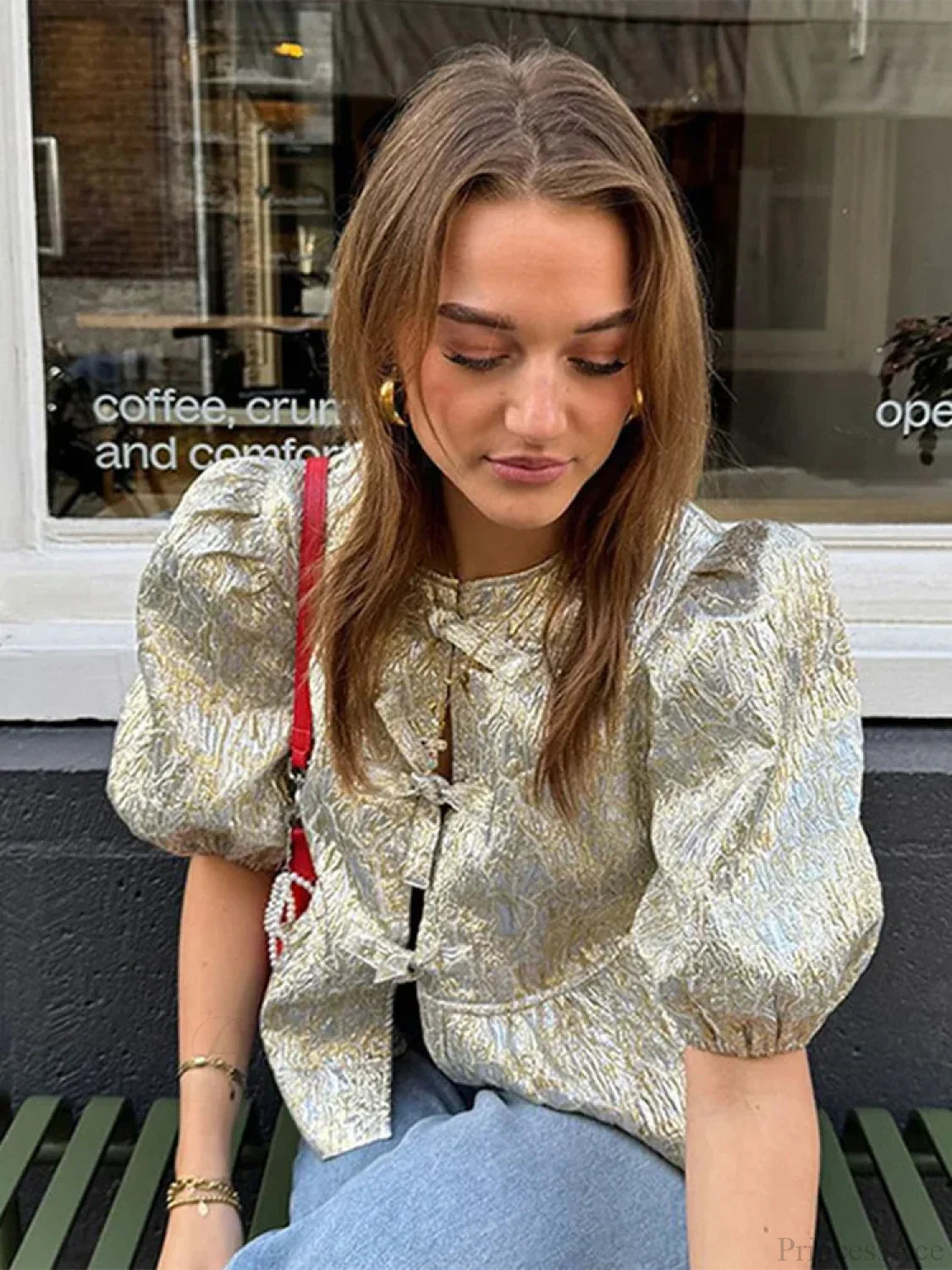 Shimmer Lace-Up Bow Puffy Sleeve Short Blouse image 1