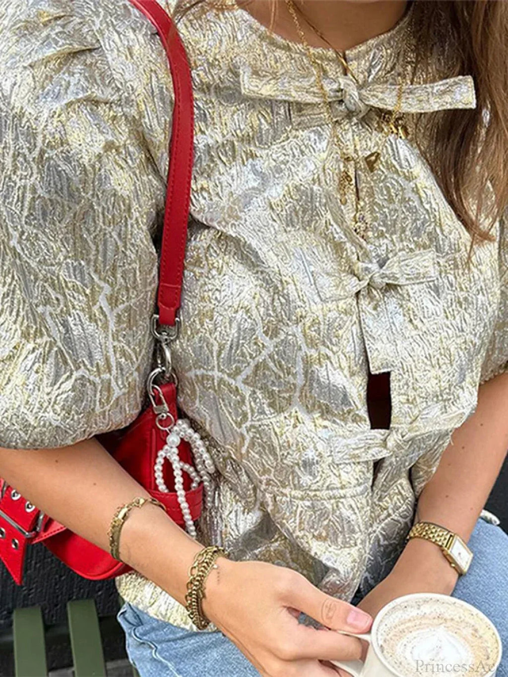 Shimmer Lace-Up Bow Puffy Sleeve Short Blouse image 4