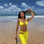 Shiny Bandeau Bikini with Cover Up Three Piece Swimsuit image 4