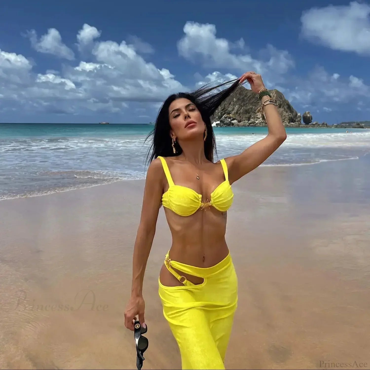 Shiny Bandeau Bikini with Cover Up Three Piece Swimsuit image 4