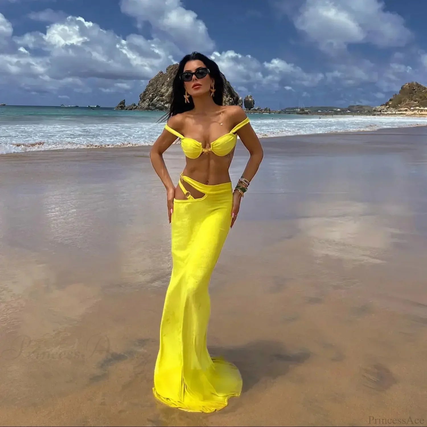Shiny Bandeau Bikini with Cover Up Three Piece Swimsuit image 1