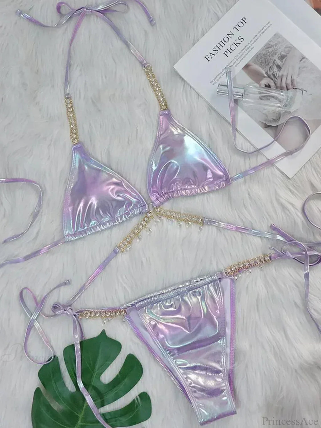 Shiny PU Leather Wrap Around Diamond Bikini Set image 3