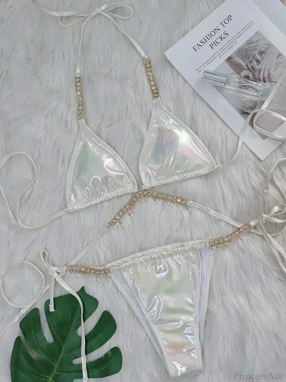 Shiny PU Leather Wrap Around Diamond Bikini Set image 4