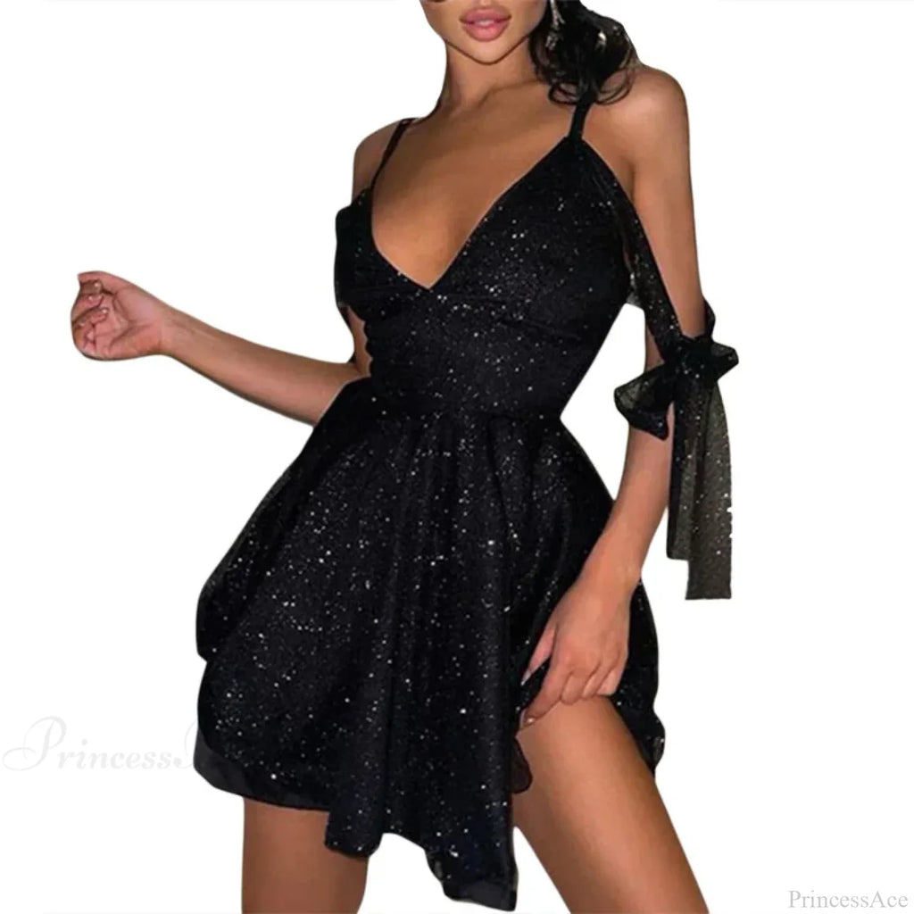 Shiny Slim Black V-Neck Party Dress image 2