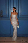 Shiny Spaghetti Strap Slim Fitted Long Party Dress image 1
