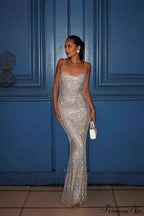 Shiny Spaghetti Strap Slim Fitted Long Party Dress image 1