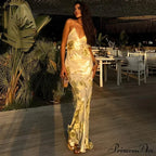 Shiny Sparkling Sexy Backless V Neck Maxi Dress image 1