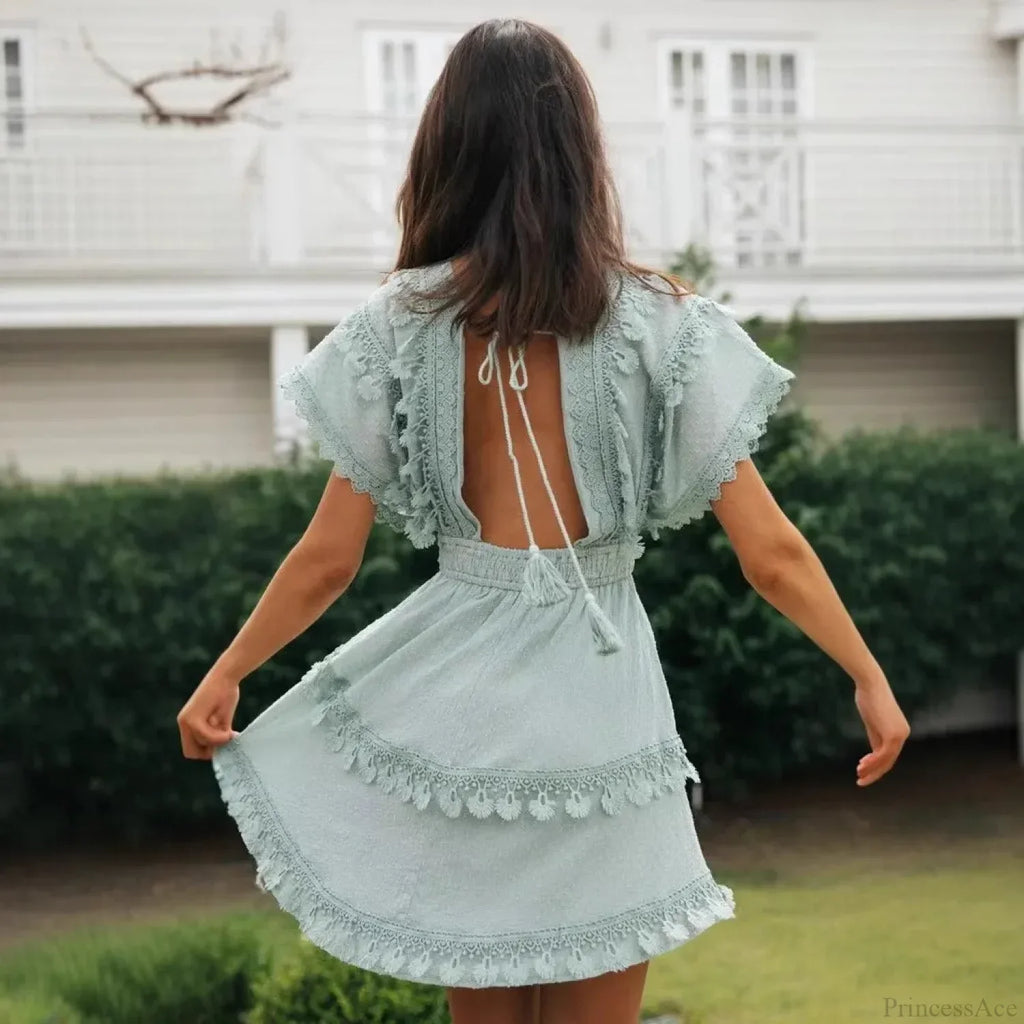 Short Batwing Sleeve Lace Backless Deep V-neck Mini Boho Dress image 2