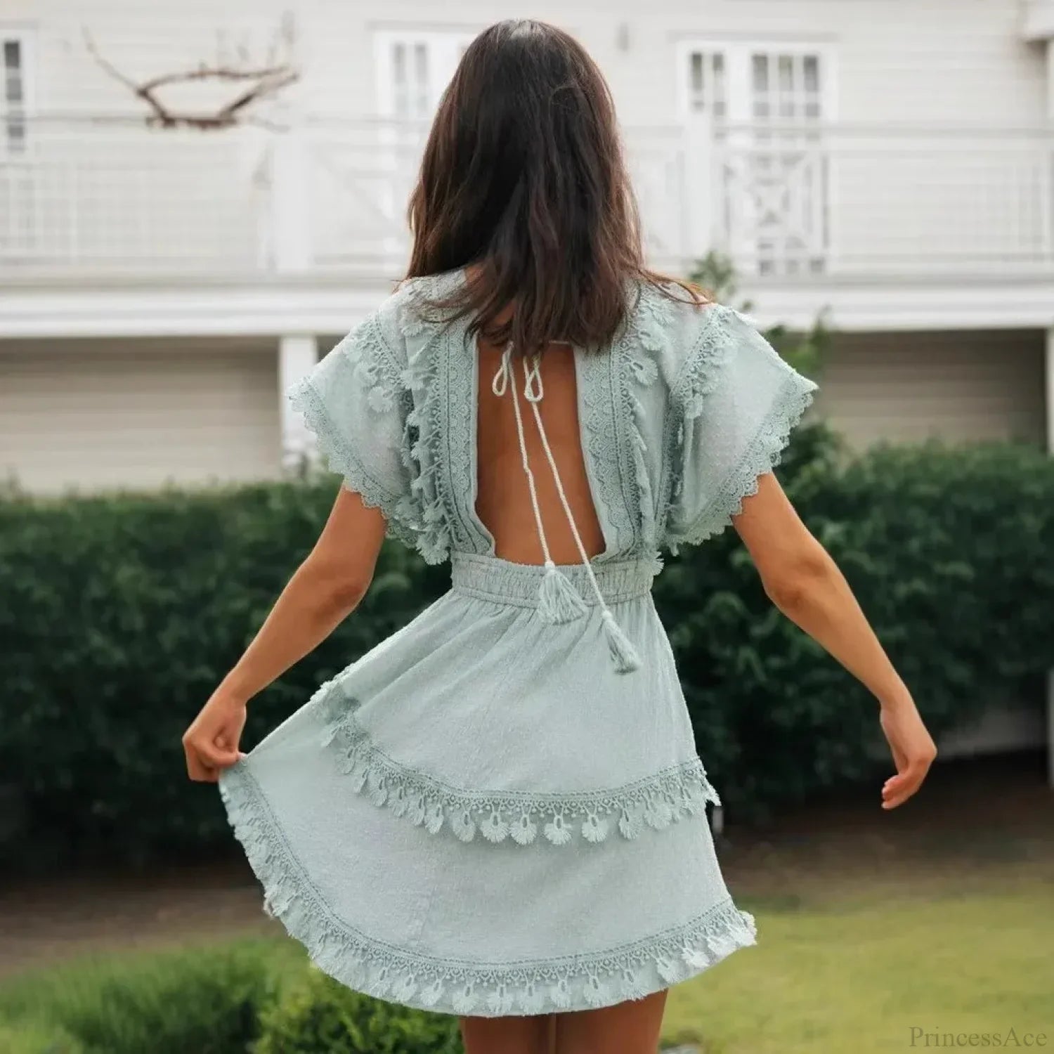 Short Batwing Sleeve Lace Backless Deep V-neck Mini Boho Dress image 2