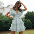 Short Batwing Sleeve Lace Backless Deep V-neck Mini Boho Dress image 1
