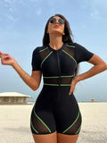 Short Sleeve Patchwork Surf Swimwear One Piece image 1