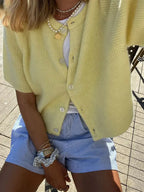 Short Sleeve Round Neck Button-Down Cardigan image 1