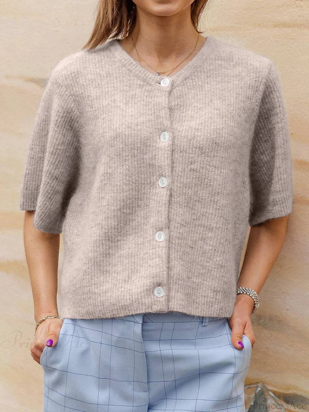 Short Sleeve Round Neck Button-Down Cardigan image 10