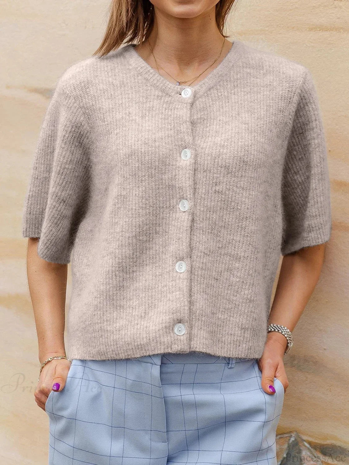 Short Sleeve Round Neck Button-Down Cardigan image 10