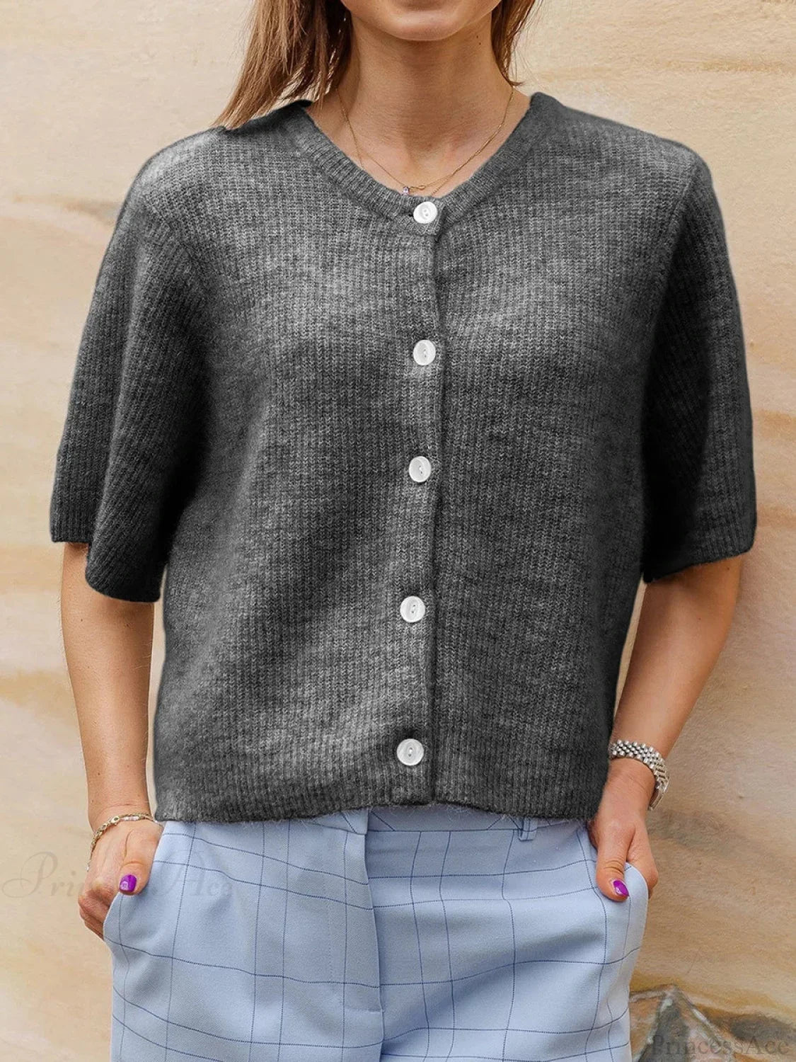 Short Sleeve Round Neck Button-Down Cardigan image 12