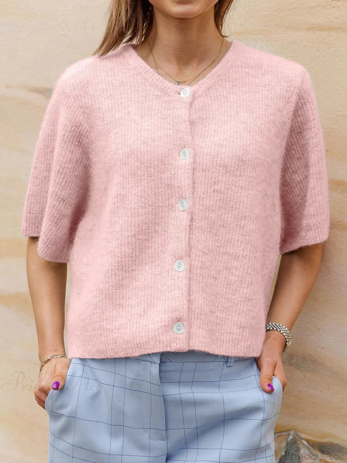Short Sleeve Round Neck Button-Down Cardigan image 9