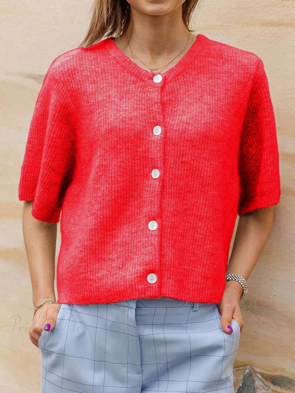 Short Sleeve Round Neck Button-Down Cardigan image 6