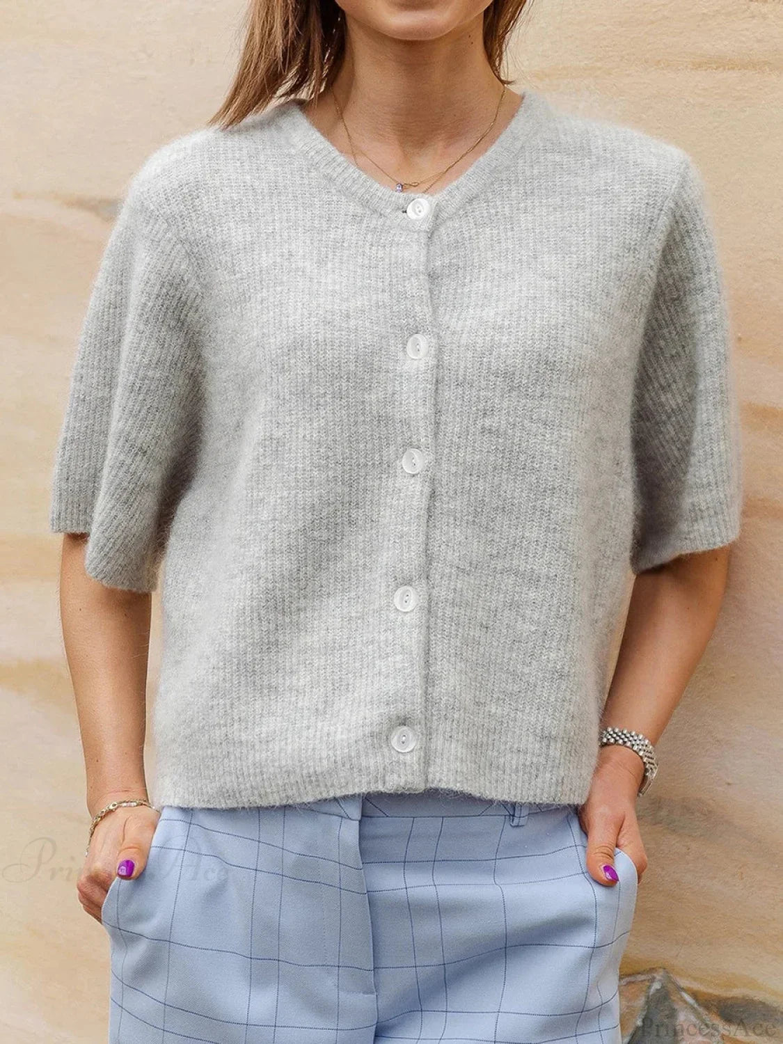 Short Sleeve Round Neck Button-Down Cardigan image 7
