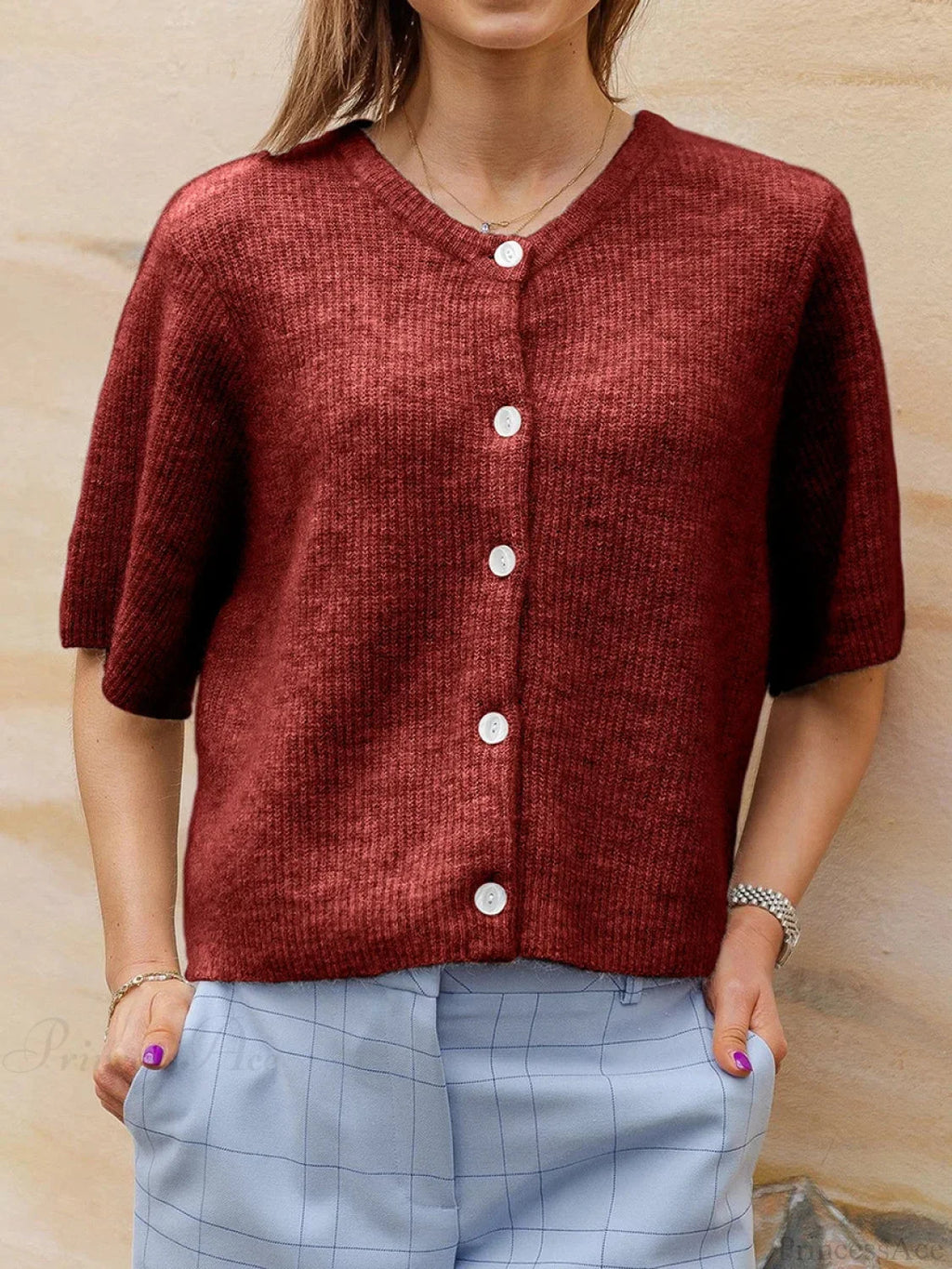 Short Sleeve Round Neck Button-Down Cardigan image 11