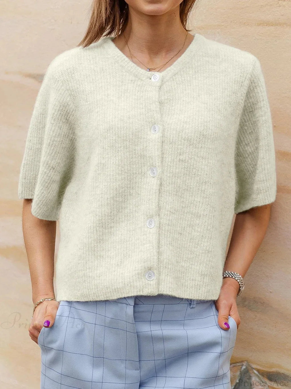 Short Sleeve Round Neck Button-Down Cardigan image 8