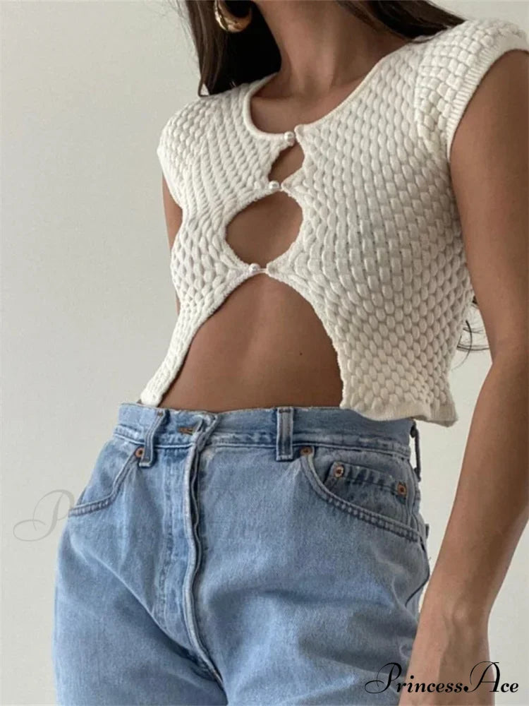 Short Sleeve Ruched O-Neck Buttons Up Y2K Knitted Crop T-shirts image 3